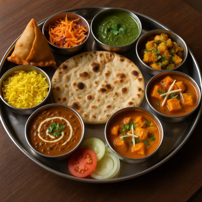 This image contains served vegetarian thali and includes dishes that barshala offers for vegetarian.