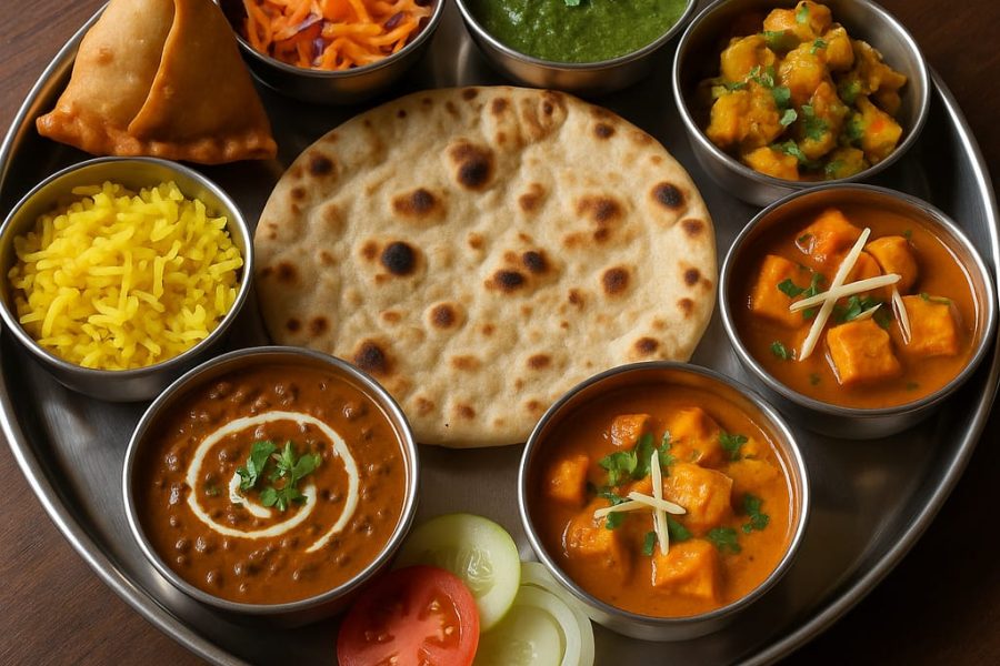 This image contains served vegetarian thali and includes dishes that barshala offers for vegetarian.