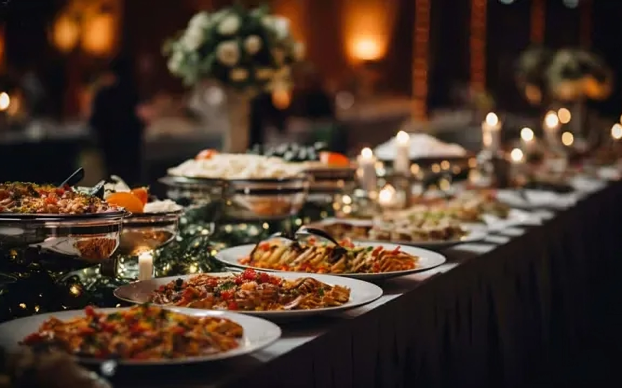Barshala Indian food catering display with assorted dishes and warm ambience in Hamilton.